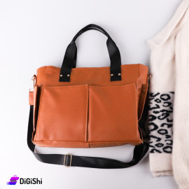 حقيبة نسائية كتف ويد جلد مع جيوب أمامية لون عسلي