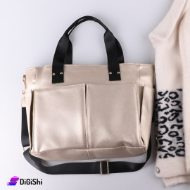 Women's Leather Shoulder and Handbag with Front Pockets Beige