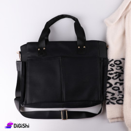 Women's Leather Shoulder and Handbag with Front Pockets Black