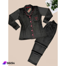 Women's Doublr Velvet Pajamas with Buttons Black Color