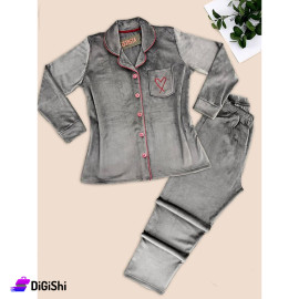 Women's Double Velvet Pajamas with Buttons Gray Color
