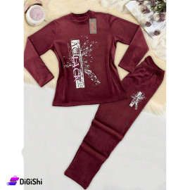 Women's Double Two Face Velvet Pajamas with Print Dark red Color