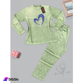 Women's Double Two Face Velvet Pajamas with Heart Print Light Olive Color