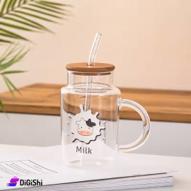كوب زجاجي مع غطاء وشلمونة رسمة بقرة وحليب