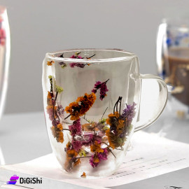 Clear Pyrex Cup with Two Layers Roses Inside Orange and Fuchsia