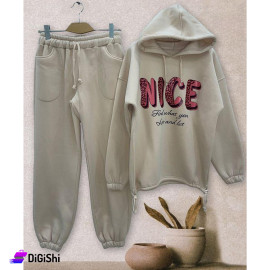 Women's Guaranteed Fleece Cotton Pajamas with Hood and NICE Print Beige Color