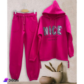 بيجاما نسائية قطن فليس مكفول مع طاقية وطبعة NICE لون فوشيا