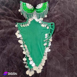 Sway Dance Suit Satin Dress Embroidered with Silver Coins Green