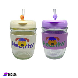 Transparent Glass Cup with Lid and Dog Printed Straw