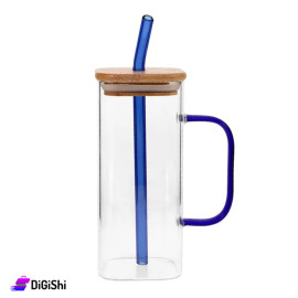 Tall Transparent Glass Cup with Wooden Lid Handle and Blue Straw