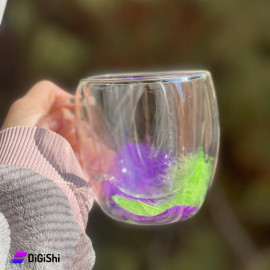 Transparent Glass cup with Two Layers with Green and Mauve Feather Inside