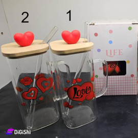 Tall Transparent Glass Cup with Wooden Lid and Straw and Heart Shape