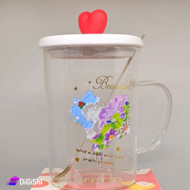 Transparent Cup with Spoon and Wooden Lid and Colorful Heart Drawing