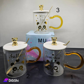 Transparent Cup with Spoon and Wooden Lid and Panda Drawing