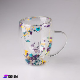 Transparent Two Layer Pyrex cup with Colorful Flowers and Straws Inside