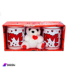Package of two cups with the word LOVE and a teddy bear