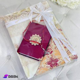 Ramadan Package for Women Consisting of Prayer Set and Prayer Rug and Rosary and Quran Dark Red