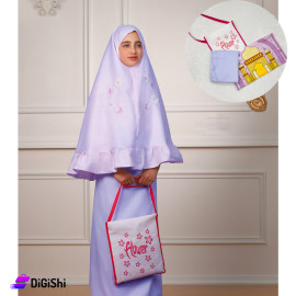 Package Consisting of Cornice Prayer Set for Children and Prayer Rug with Purple Mosque Drawing