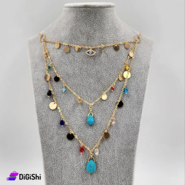 Women's Three Tier Necklace with Teardrop Shaped Blue Stones Gold