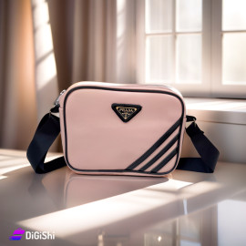 Women's PRADA Logo Leather Shoulder Bag with Side Stripes Black Light Pink
