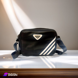 حقيبة كتف نسائية جلد شعار PRADA  مع خطوط جانبية بيضاء لون أسود