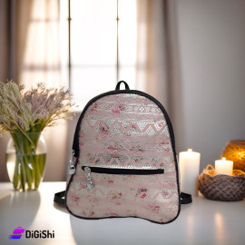 حقيبة ظهر نسائية قماش مزخرفة باللون الفضي ومزودة بجيب أمامي لون زهر