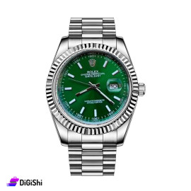 ساعة يد رجالية ماركة ROLEX لون فضي ومينا لون أخضر