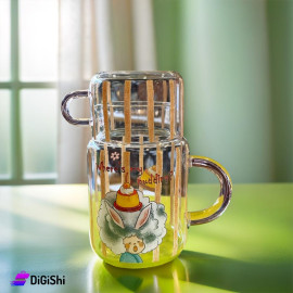 Small Glass Pitcher with Sheep Drawing Cup with Yellow Stripes and Pink Handle