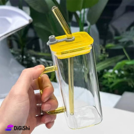 Tall clear Glass Mug with Lid Handle and Yellow Glass Straw