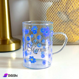 Glass Cup Medium Blue Rose Pattern