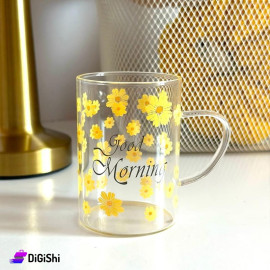 كوب زجاج نقشة ورود صفراء حجم وسط