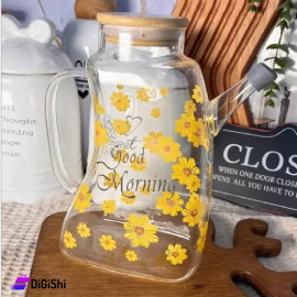 Glass Jug with Wooden Lid yellow Rose Pattern