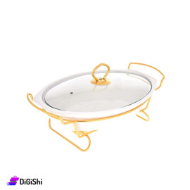 Oval Porcelain Bowl with Glass Cover and Metal Base 36cm White