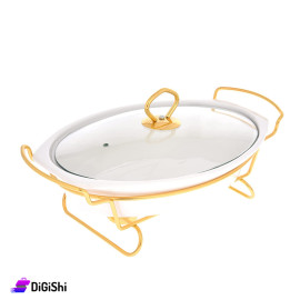 Oval Porcelain Bowl with Glass Cover and Metal Base 40cm White