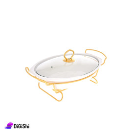 Oval Porcelain Bowl with Glass Cover and Metal Base 30cm White