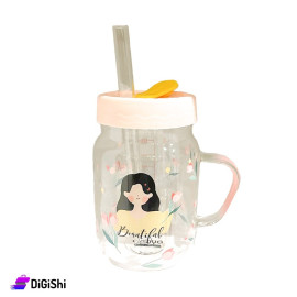 Glass Cup with Straw Girl Drawing