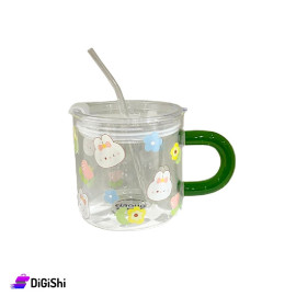 Glass Cup with Lid Straw and Green Handle