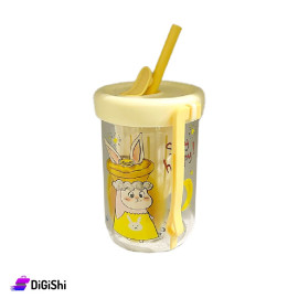 كوب زجاجي مع غطاء سيليكون وشلمونة رسمة خاروف