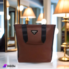 حقيبة كتف ويد نسائية جلد شعار PRADA مع خطوط سوداء على الجانبين لون بني