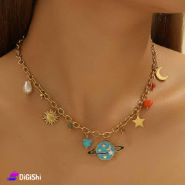 Women's Necklace with Planets and Stars Pendant Gold Color