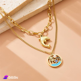 Women's Double Layered Necklace with gold-Colored Dolphin Pendant