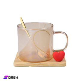 Transparent Glass cup with Wooden Base Featuring Heart Shape and Spoon