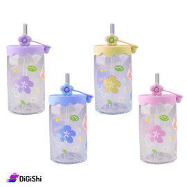 Flower Glass Mug with Silicone Lid and Glass Straw