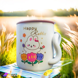 Happy Rabbit with Roses Porcelain Cup with Lid and Spoon