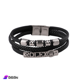 Men's Three Layer Leather and Stainless Steel Bracelet with Circular Rings ROLEX logo Black and Silver