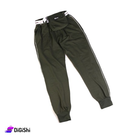Women's Cotton Pants with Cloth Wist Bag - Olive